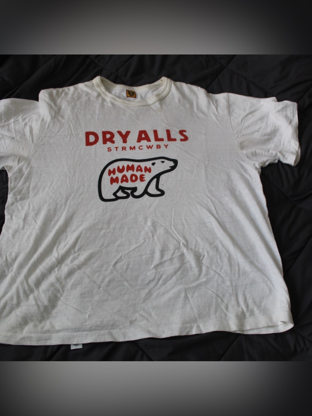 Human Made White Tee with Red Text and Black Bear Graphic